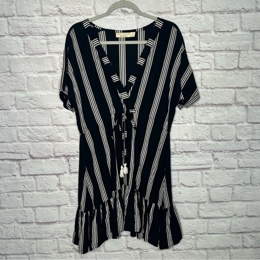 BEACHGOLD Striped V-Neck Ruffle Hem Mini Dress - Picture 4 of 15